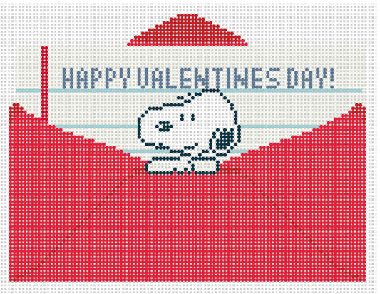 Needlepoint design of  Peanuts Snoopy inside a Valentine letter on a white background of 18 mesh