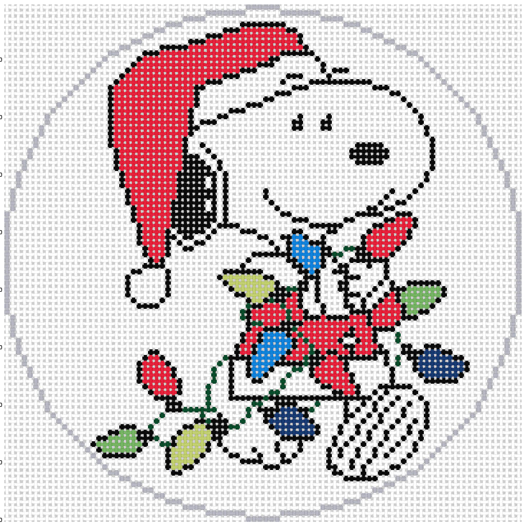 Needlepoint Canvas - Snoopy as Santa with Xmas Lights -18 mesh