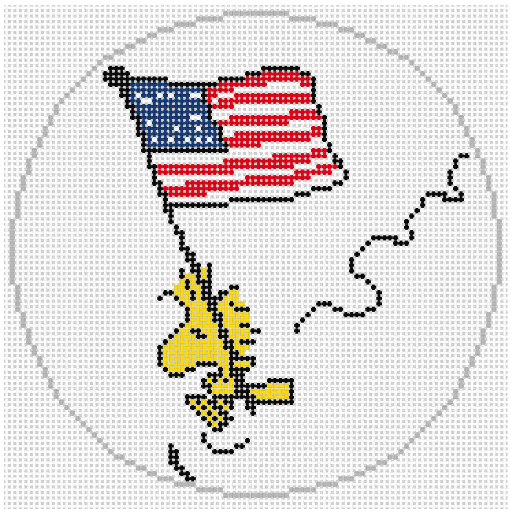 Needlepoint design of Peanuts Woodstock flying with US Flag on a white  background of 18 mesh