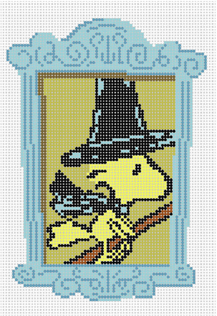 Needlepoint design of Peanuts Woodstock dressed as a witch in a frame on a white background of 18 mesh