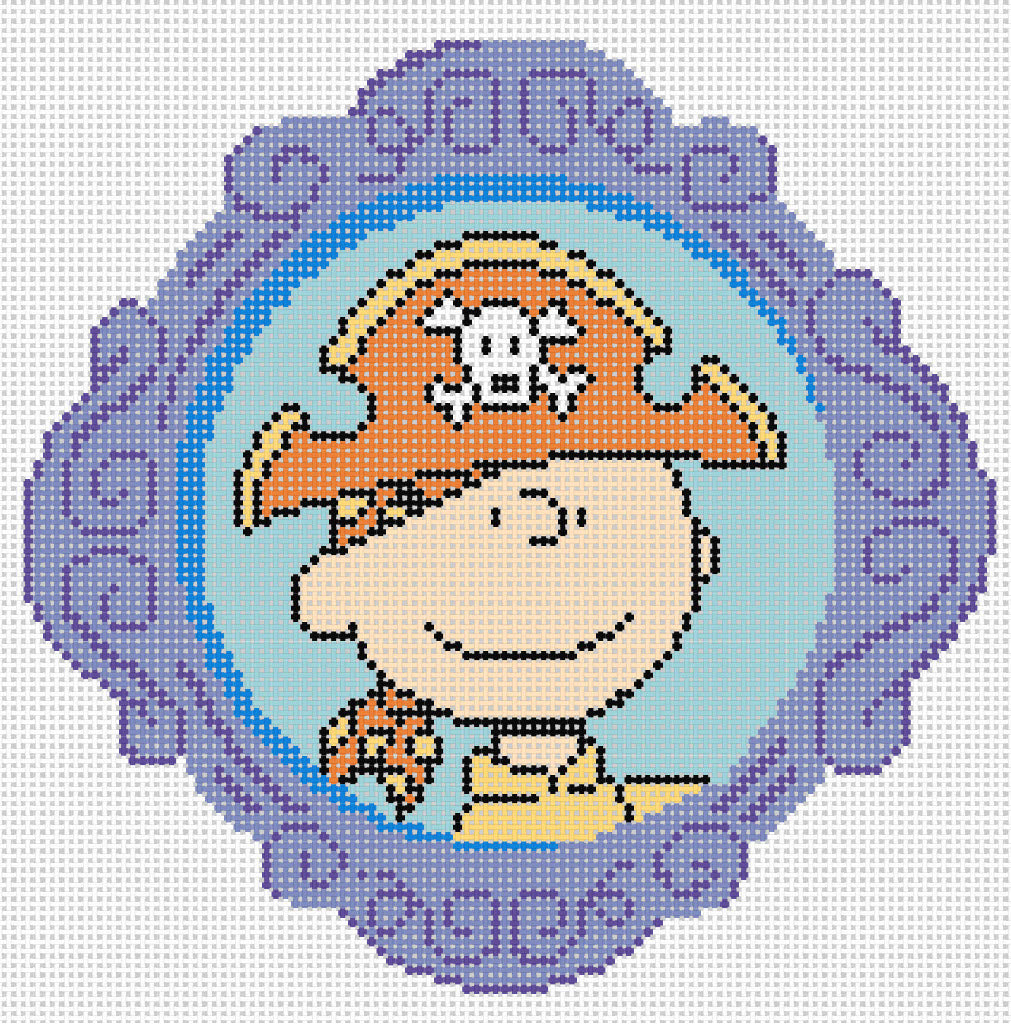 Needlepoint design of Peanuts Charlie Brown dressed as a pirate in a purple frame on a white background of 18 mesh