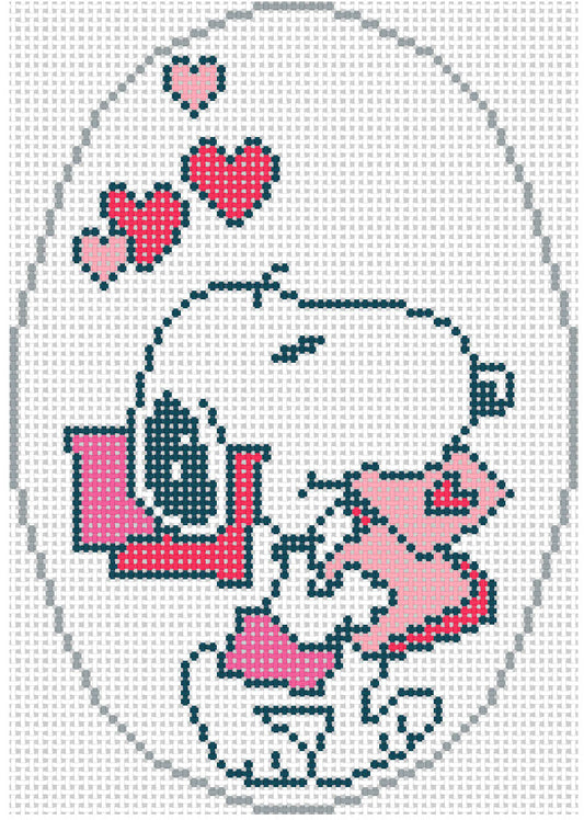 Needlepoint design of  Peanuts Snoopy with Valentine letters on a white background of 18 mesh 