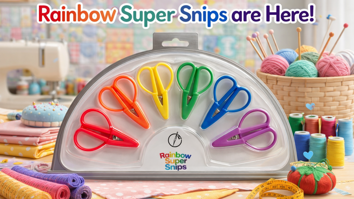 Set of colorful scissors in a rainbow pattern with packaging labeled 'Rainbow Super Snips' on a crafting background.
