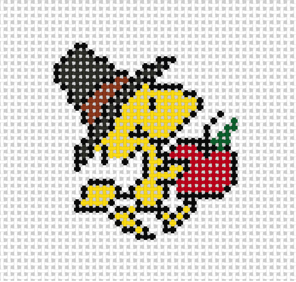 Needlepoint design of Peanuts Woodstock dressed as a Thanksgiving Pilgrim on a white background of 18 mesh